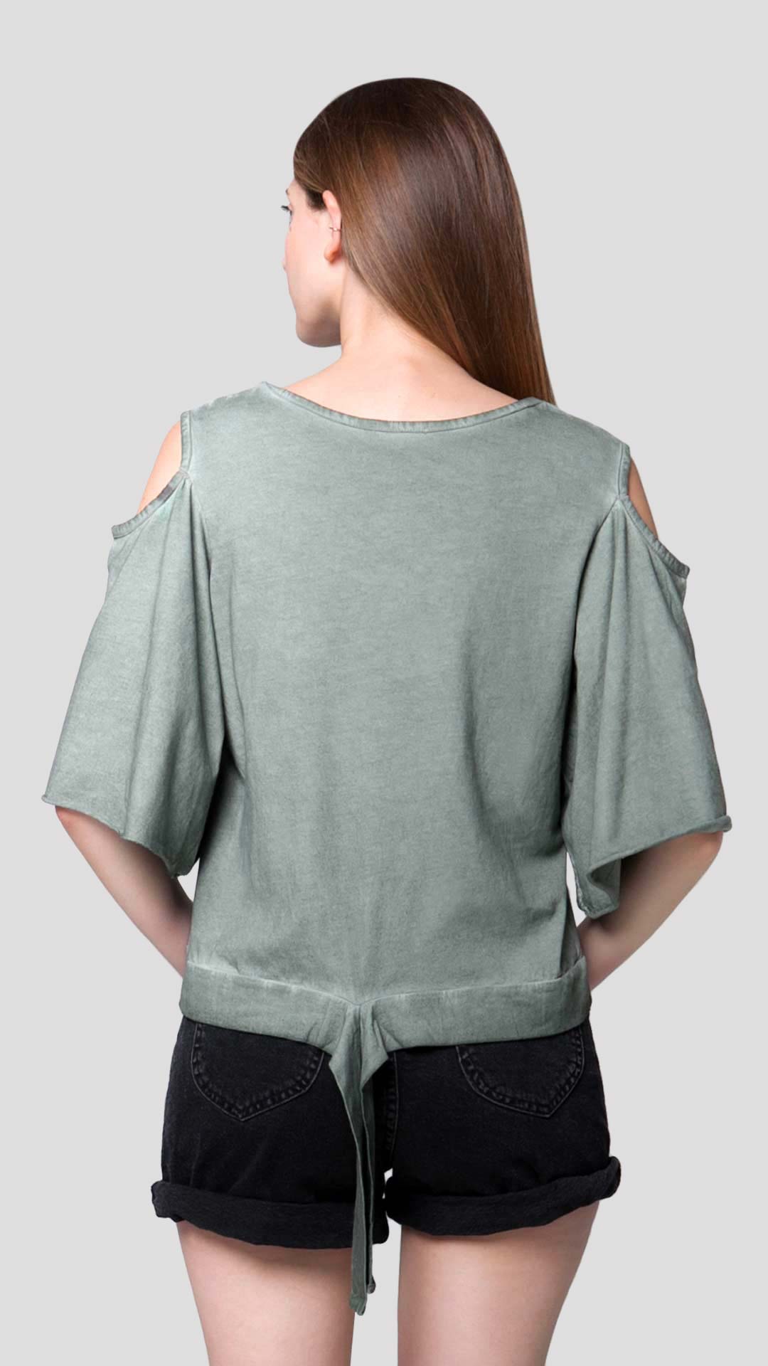 Women's green cold shoulder top with striped back detail - Ianthe by ROUTE 67 ATHENS