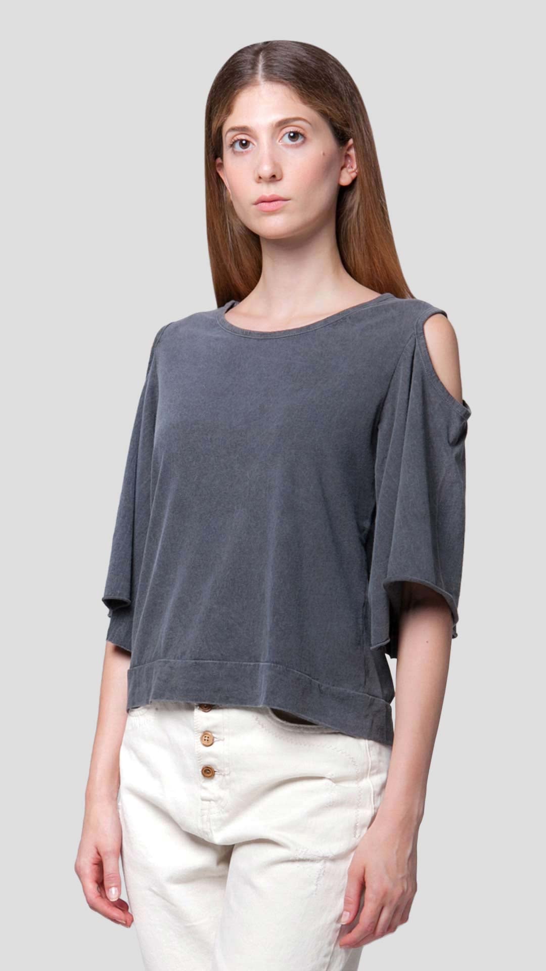 Women's grey cold shoulder top with striped back detail - Ianthe by ROUTE 67 ATHENS