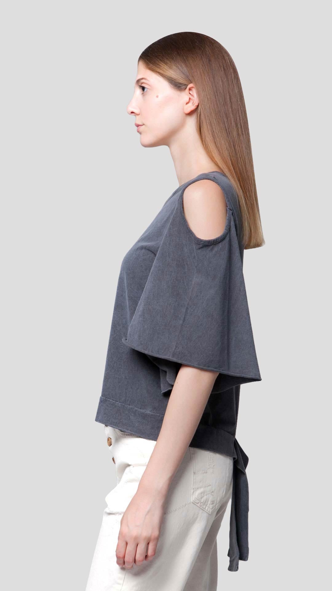 Women's grey cold shoulder top with striped back detail - Ianthe by ROUTE 67 ATHENS