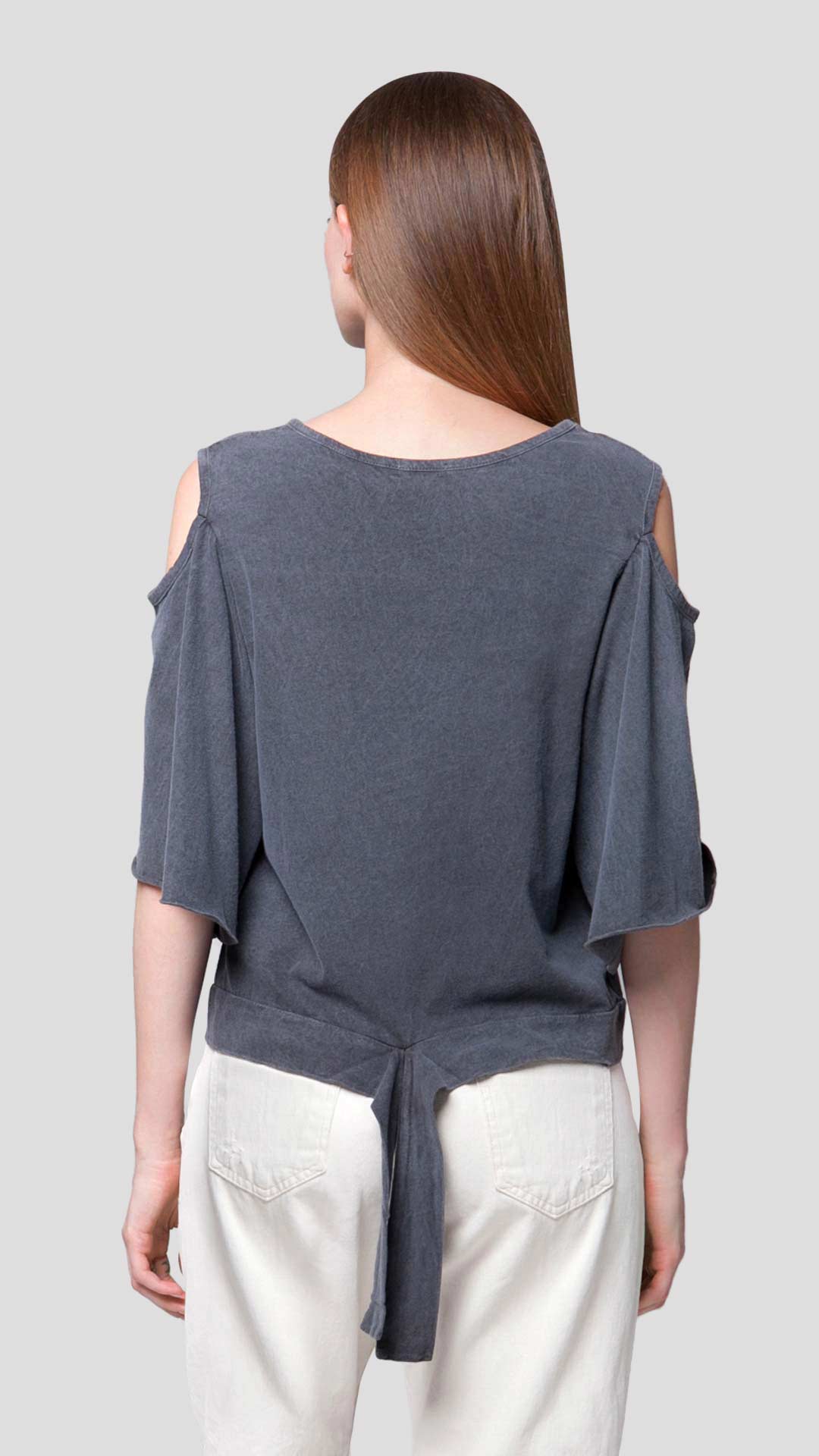 Women's grey cold shoulder top with striped back detail - Ianthe by ROUTE 67 ATHENS