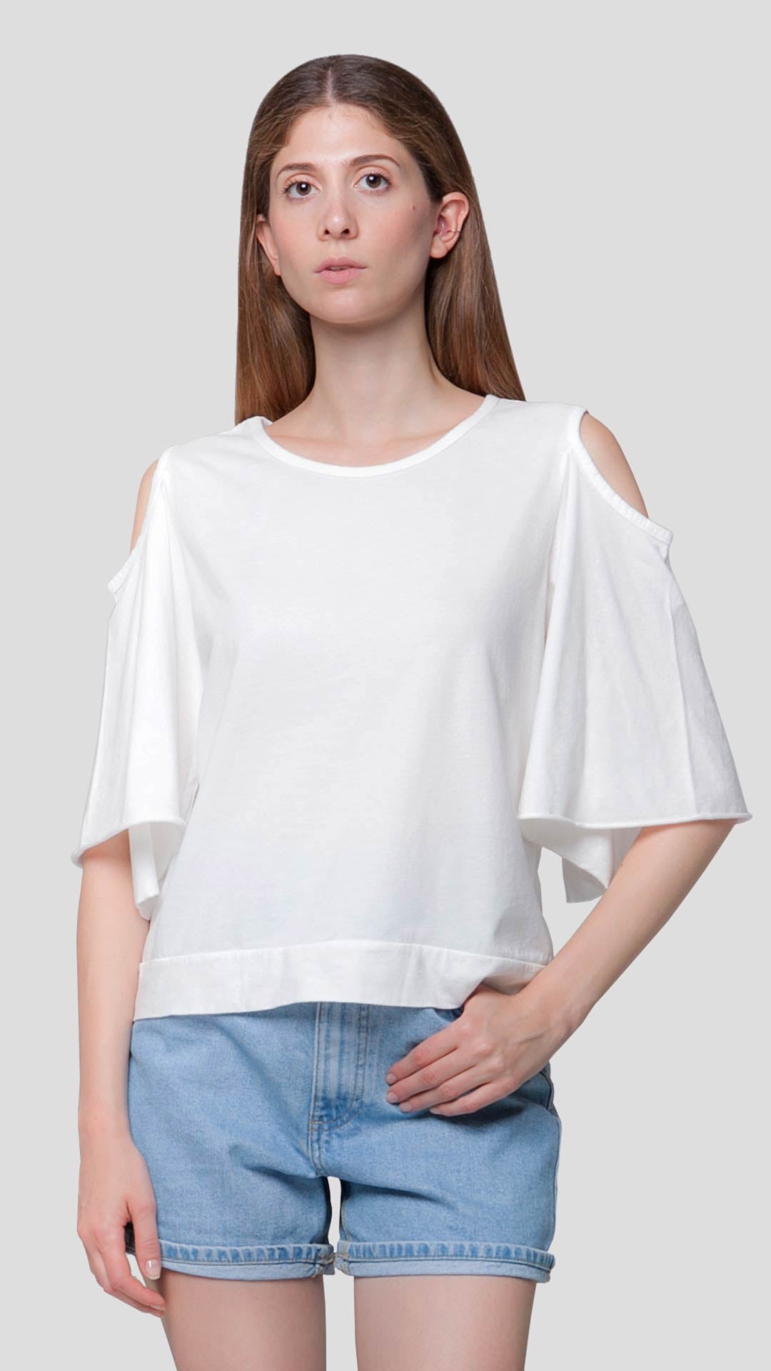 Women's white cold shoulder top with striped back detail - Ianthe by ROUTE 67 ATHENS