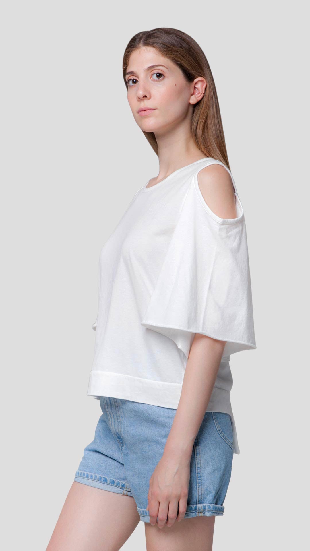 Women's white cold shoulder top with striped back detail - Ianthe by ROUTE 67 ATHENS