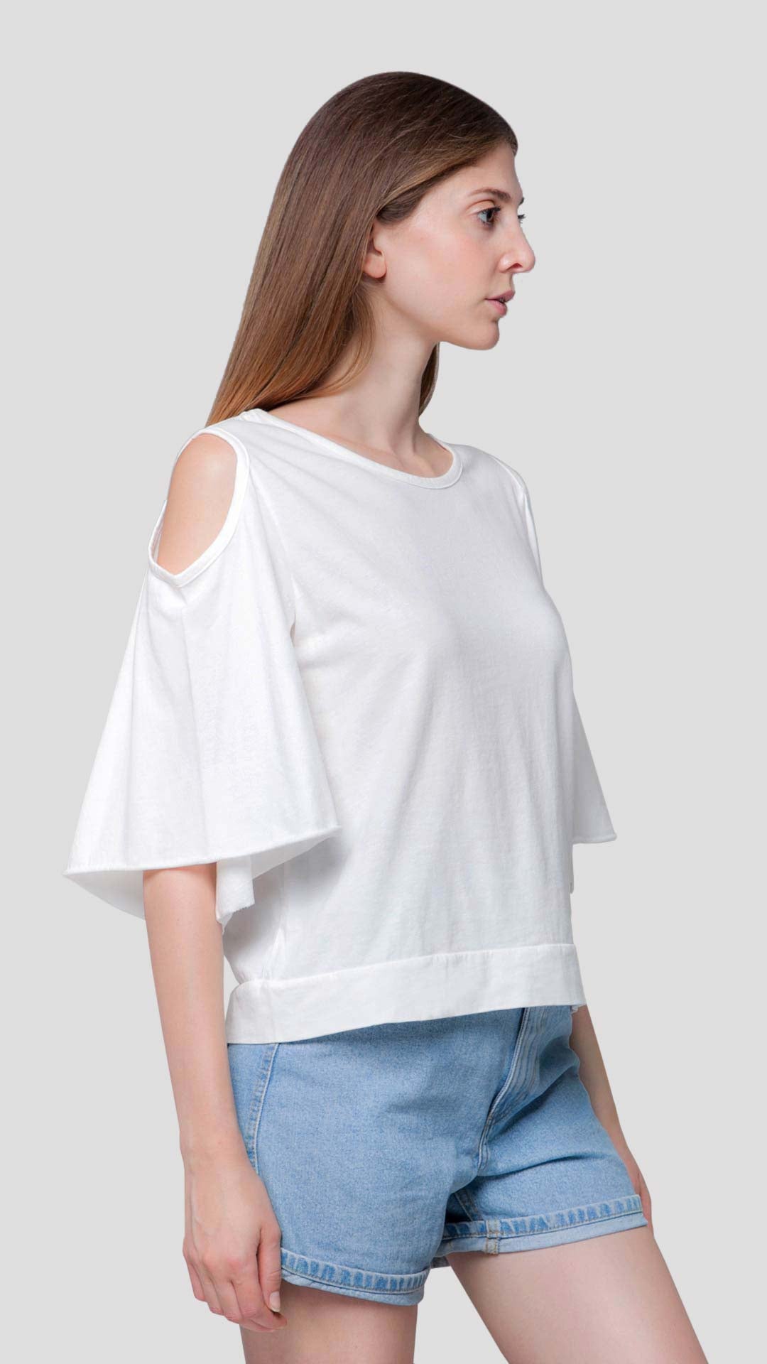 Women's white cold shoulder top with striped back detail - Ianthe by ROUTE 67 ATHENS