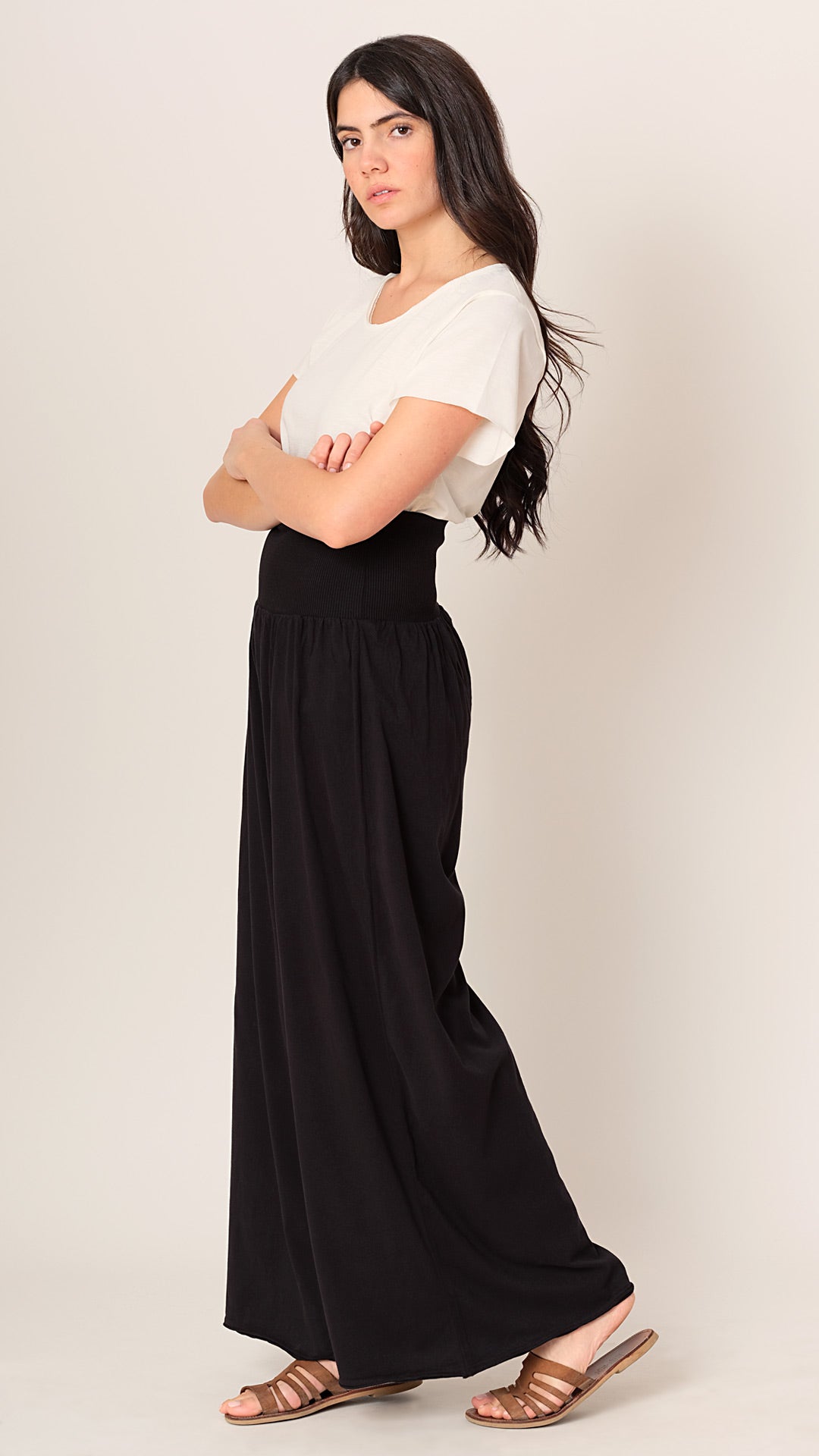 Wide-Leg Cotton Trousers, Side View, in Black