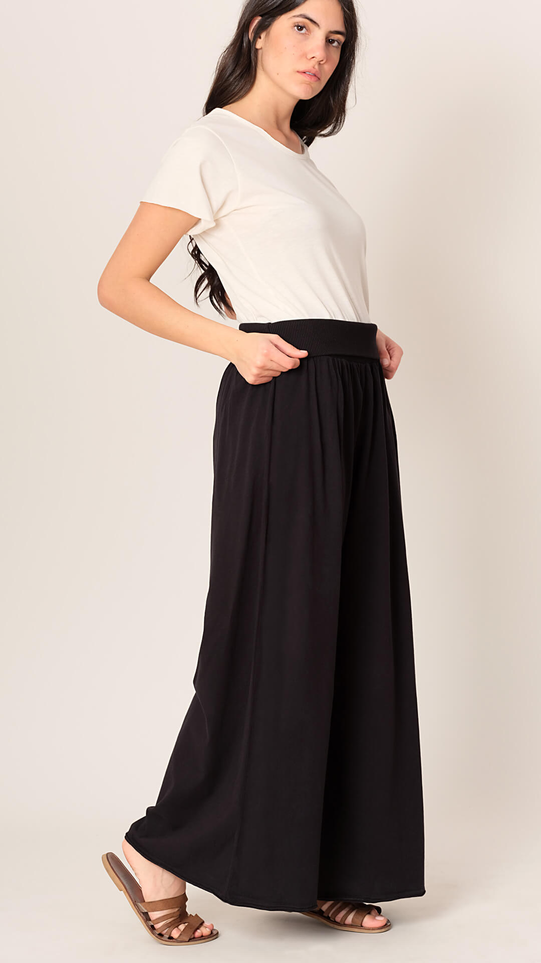 Wide-Leg Cotton Trousers, Side View, in Black