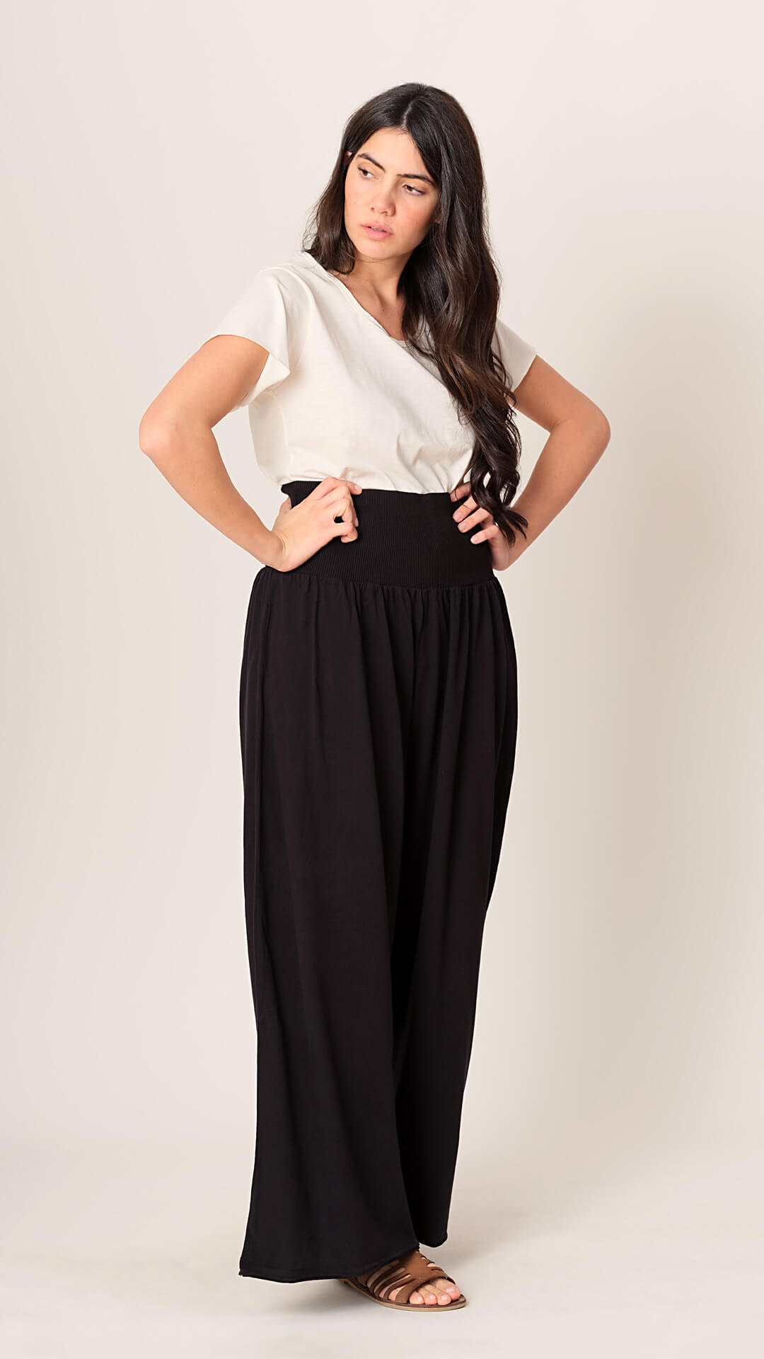 Wide-Leg Cotton Trousers, Front View, in Black