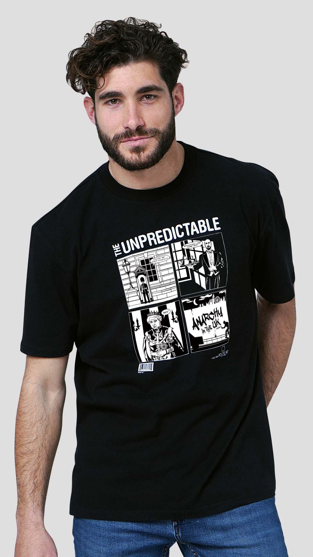 Queen T-Shirt with Comic Style Design, in Black, Front View