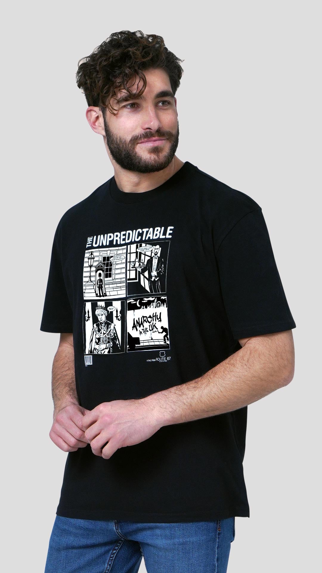 Queen T-Shirt with Comic Style Design, in Black, Front View