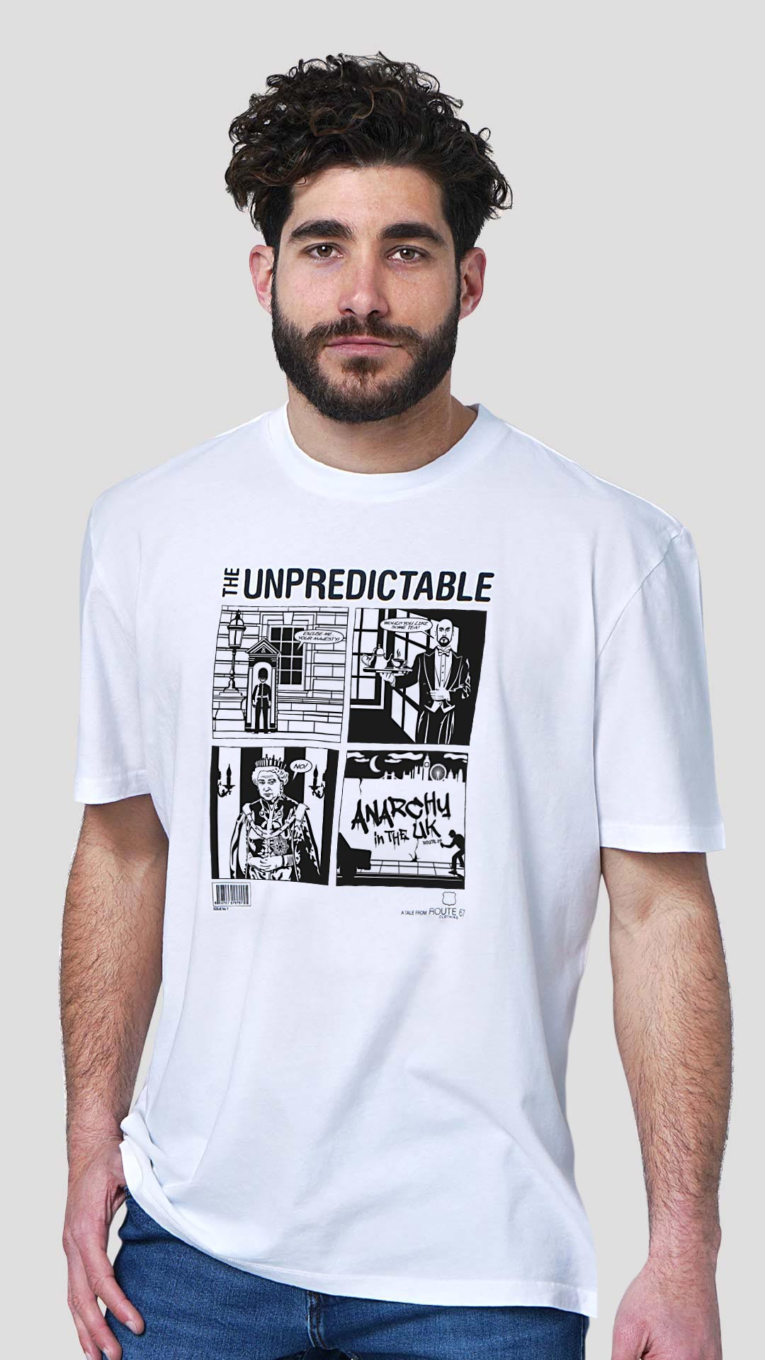 Queen T-Shirt with Comic Style Design, in White, Front View