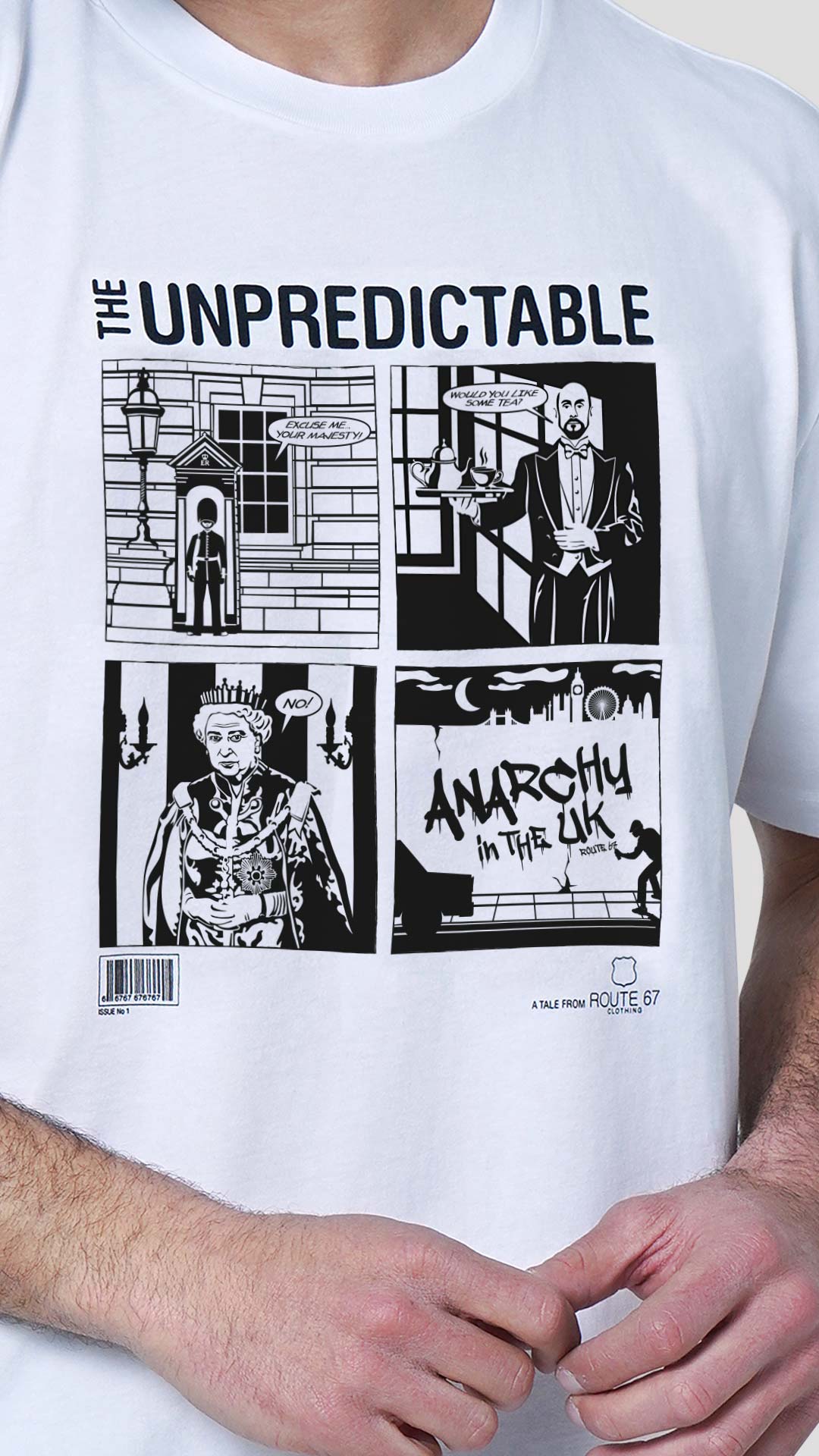 Queen T-Shirt with Comic Style Design, in White, Close Up