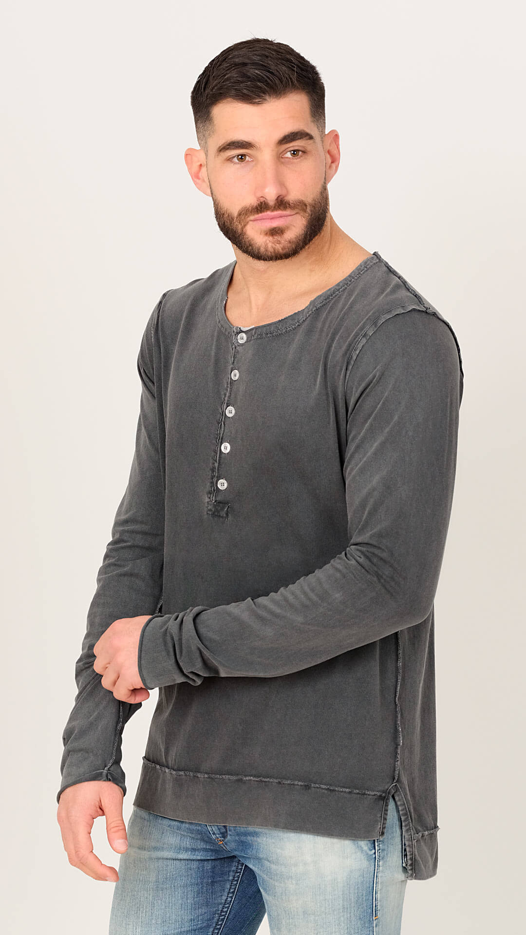 Vintage Look Cotton T-Shirt, Side View, in Dark Grey