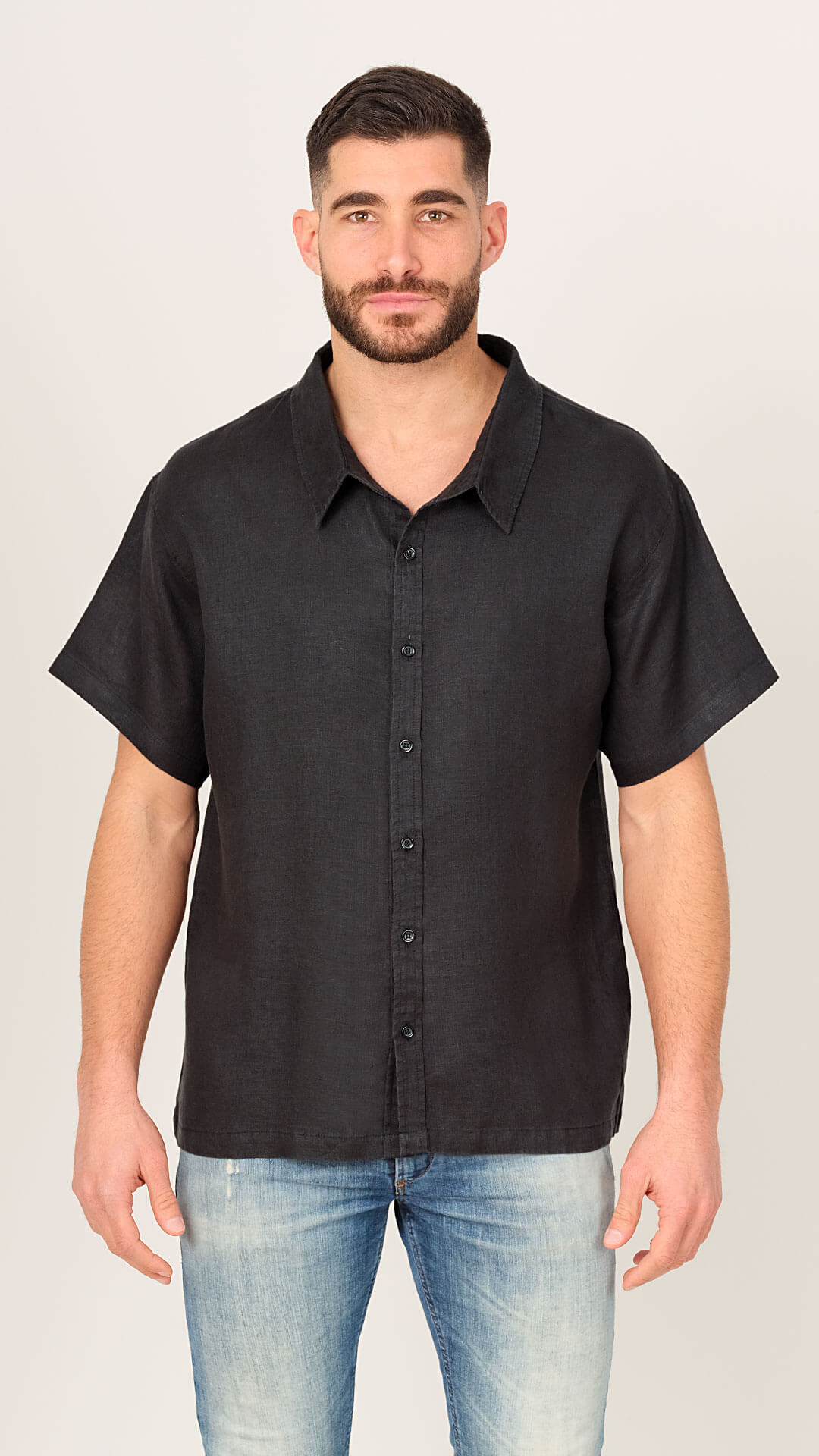 100% Linen Shirt, Front View in Black