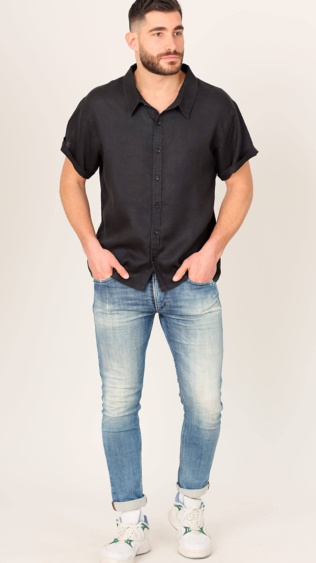 100% Linen Shirt, Front View in Black