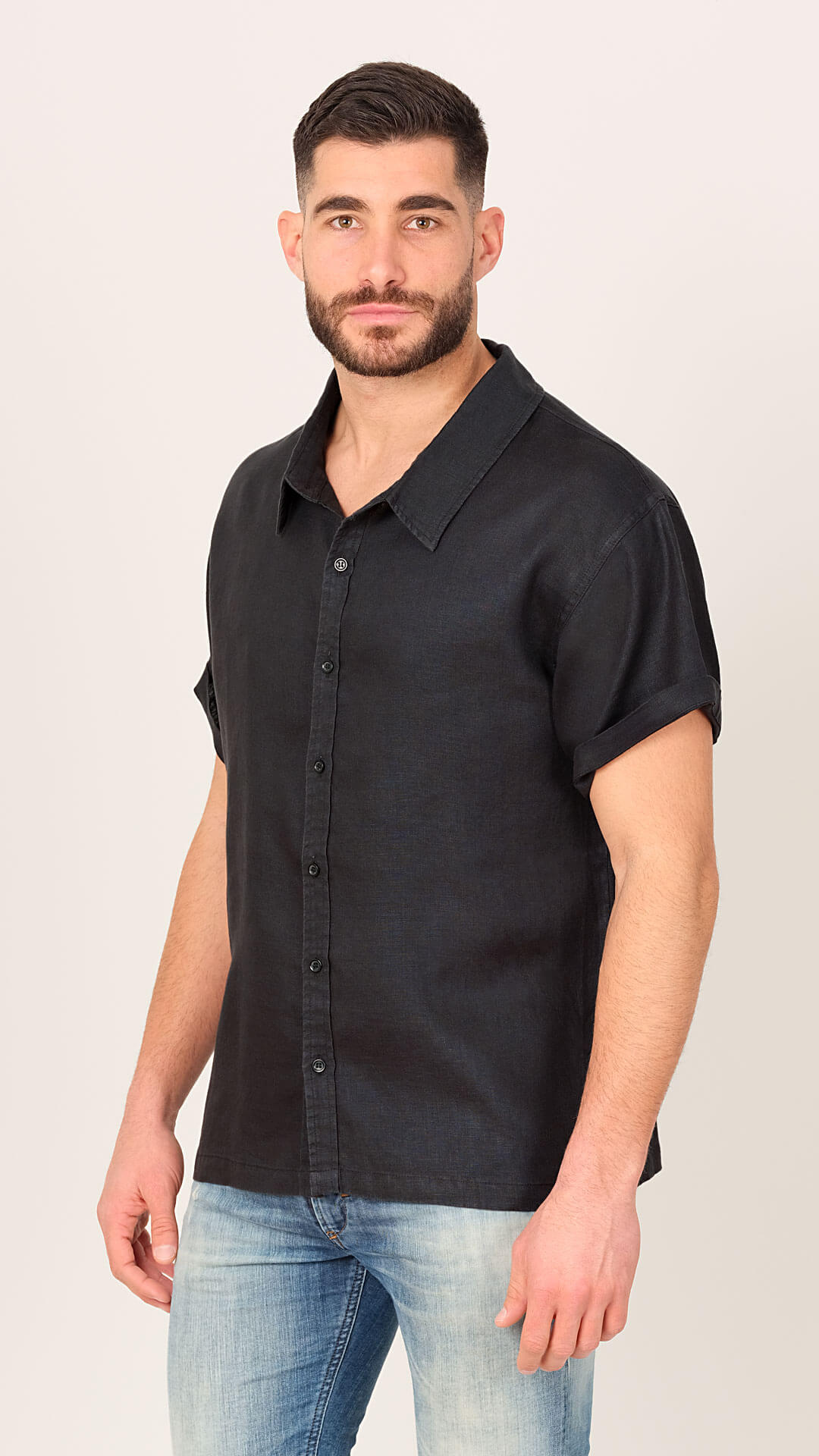 100% Linen Shirt, Front View in Black