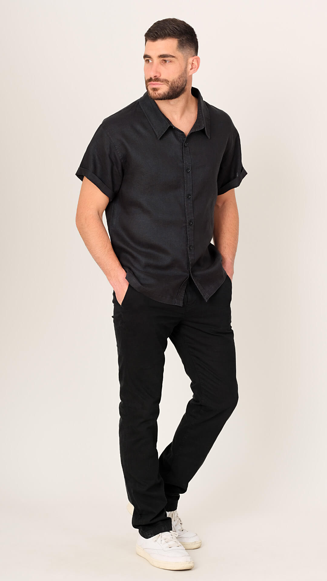 100% Linen Shirt, Front View in Black