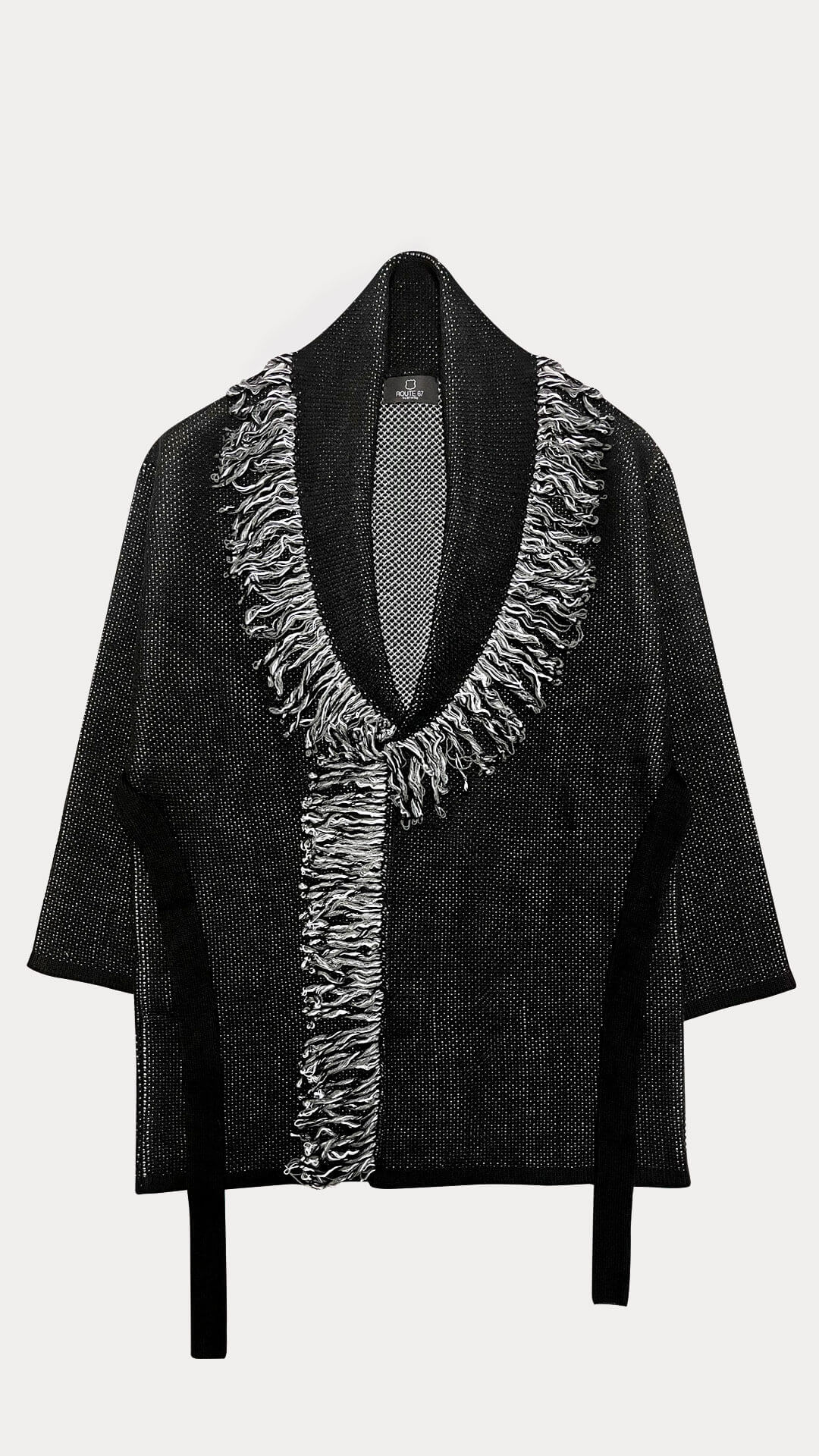 Open Front Fringe Cardigan, Front View, in Black
