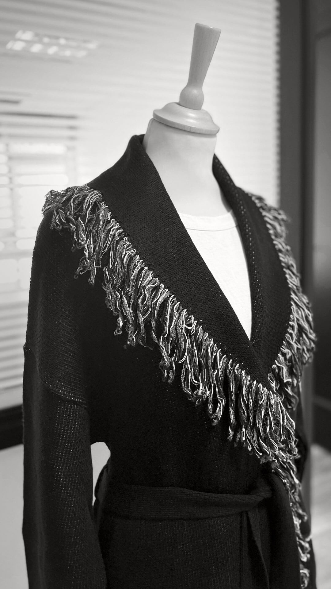 Open Front Fringe Cardigan, Close Up, in Black