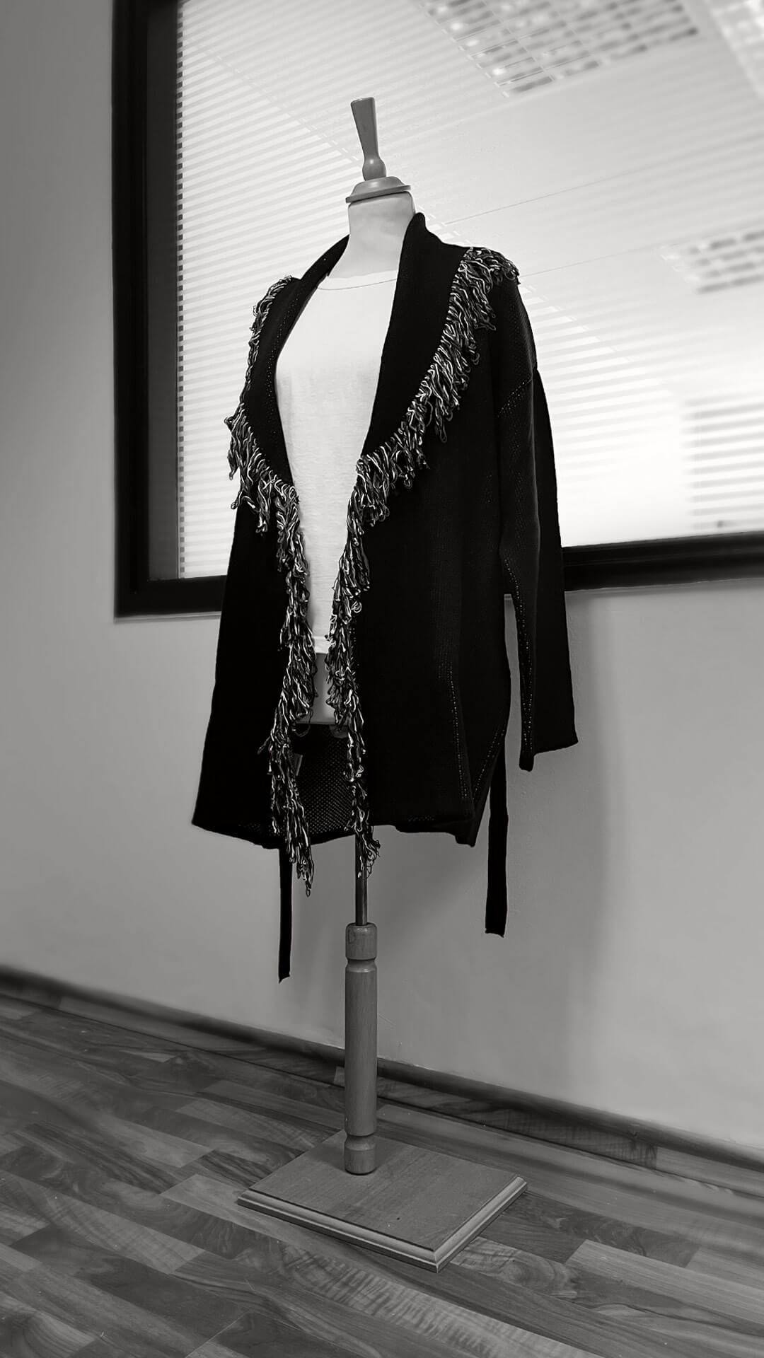 Open Front Fringe Cardigan, Side View, in Black