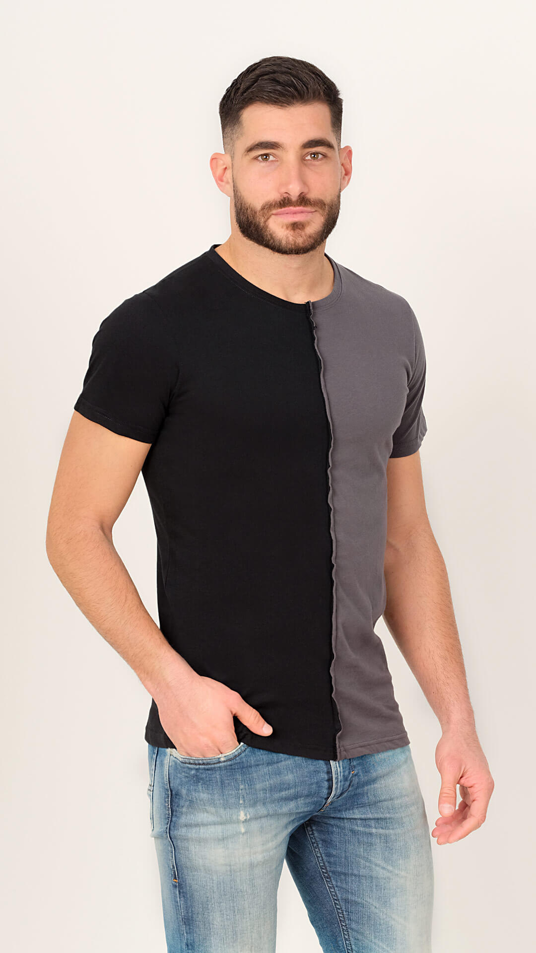 Half & Half V2 T-Shirt in Black and grey, Front View