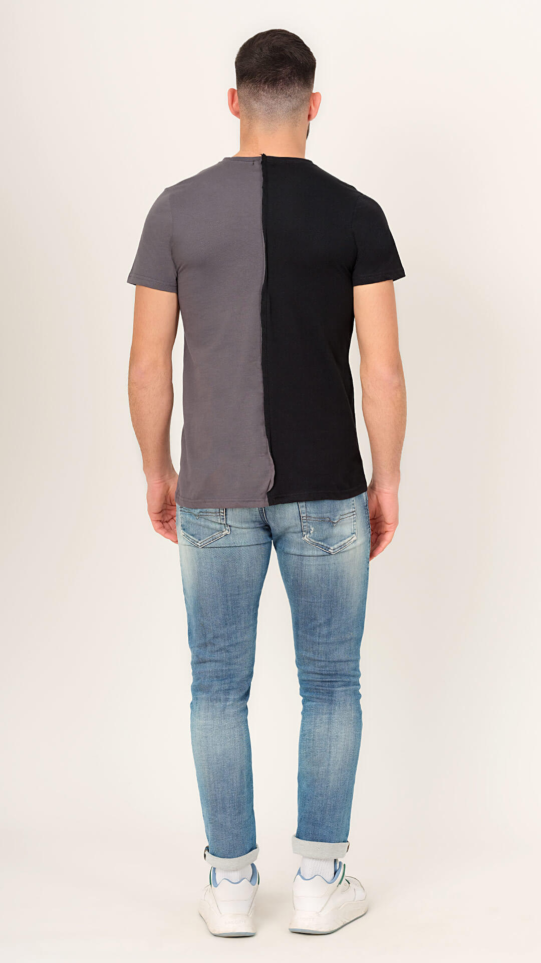 Half & Half V2 T-Shirt in Black and grey, Back View