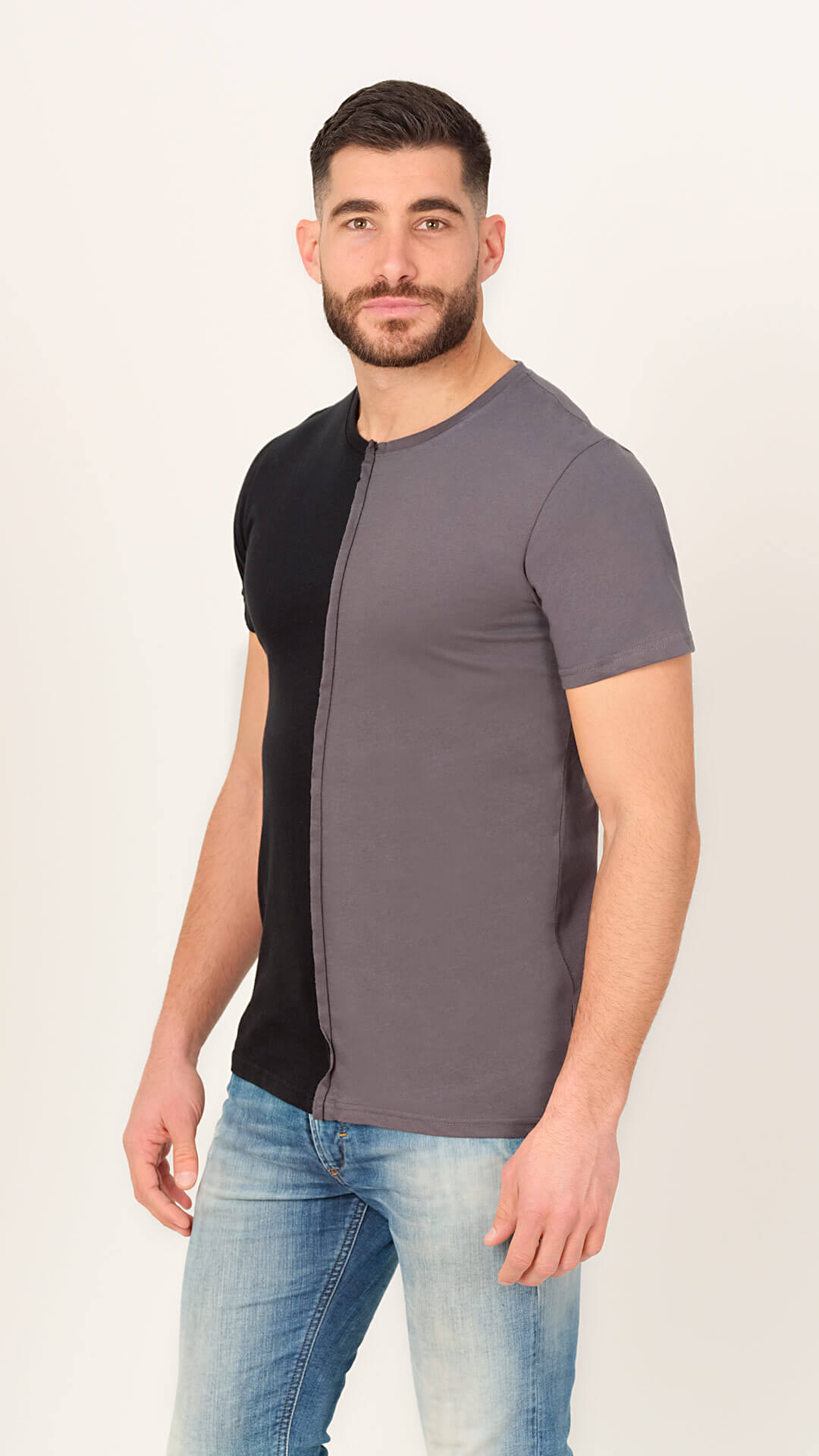 Half & Half V2 T-Shirt in Black and grey, Side View