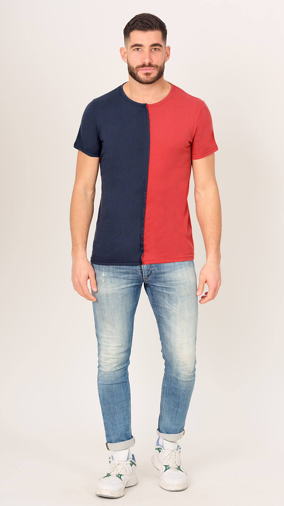 Half & Half V2 T-Shirt in Blue and Red, Front View