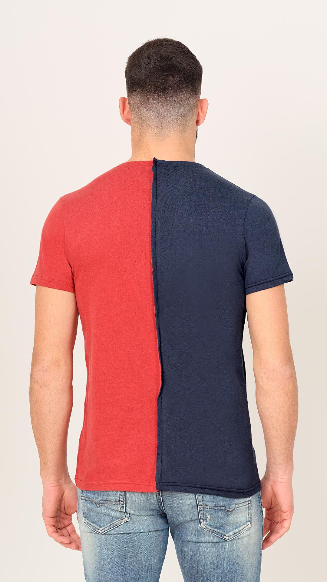 Half & Half V2 T-Shirt in Blue and Red, Back View