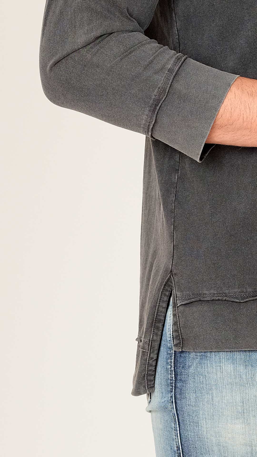 Three Quarter Sleeve T-Shirt, in Dark Grey, Close Up