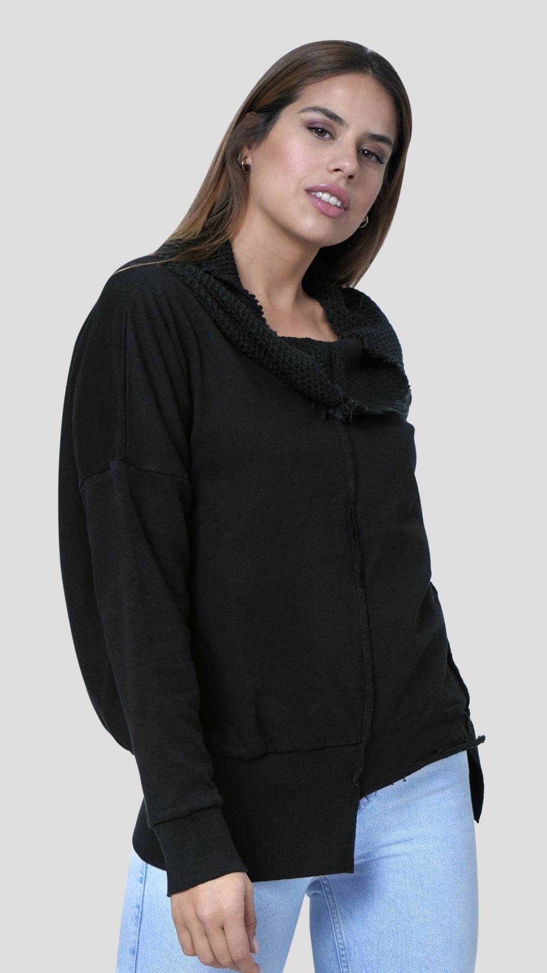Knitted Neck Cotton Sweatshirt, Front View, in Black