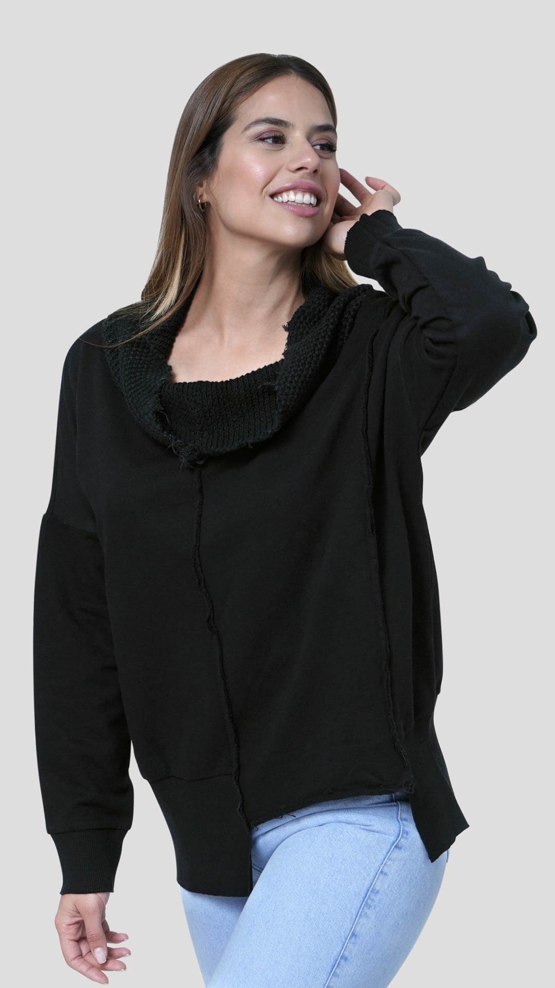 Knitted Neck Cotton Sweatshirt, Front View, in Black