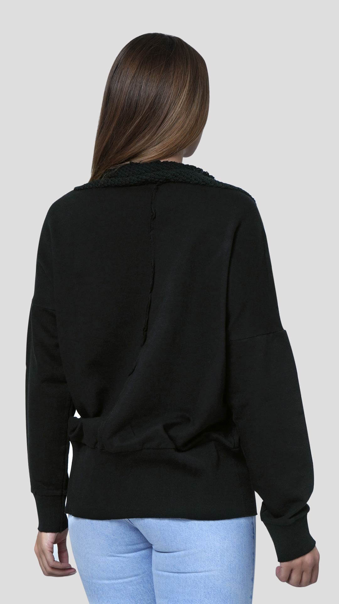 Knitted Neck Cotton Sweatshirt, Back View, in Black