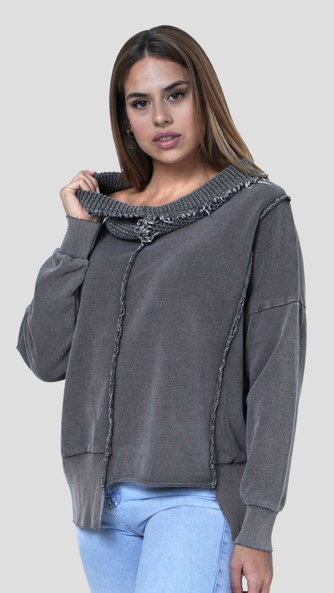 Knitted Neck Cotton Sweatshirt, Front View, in Dark Grey