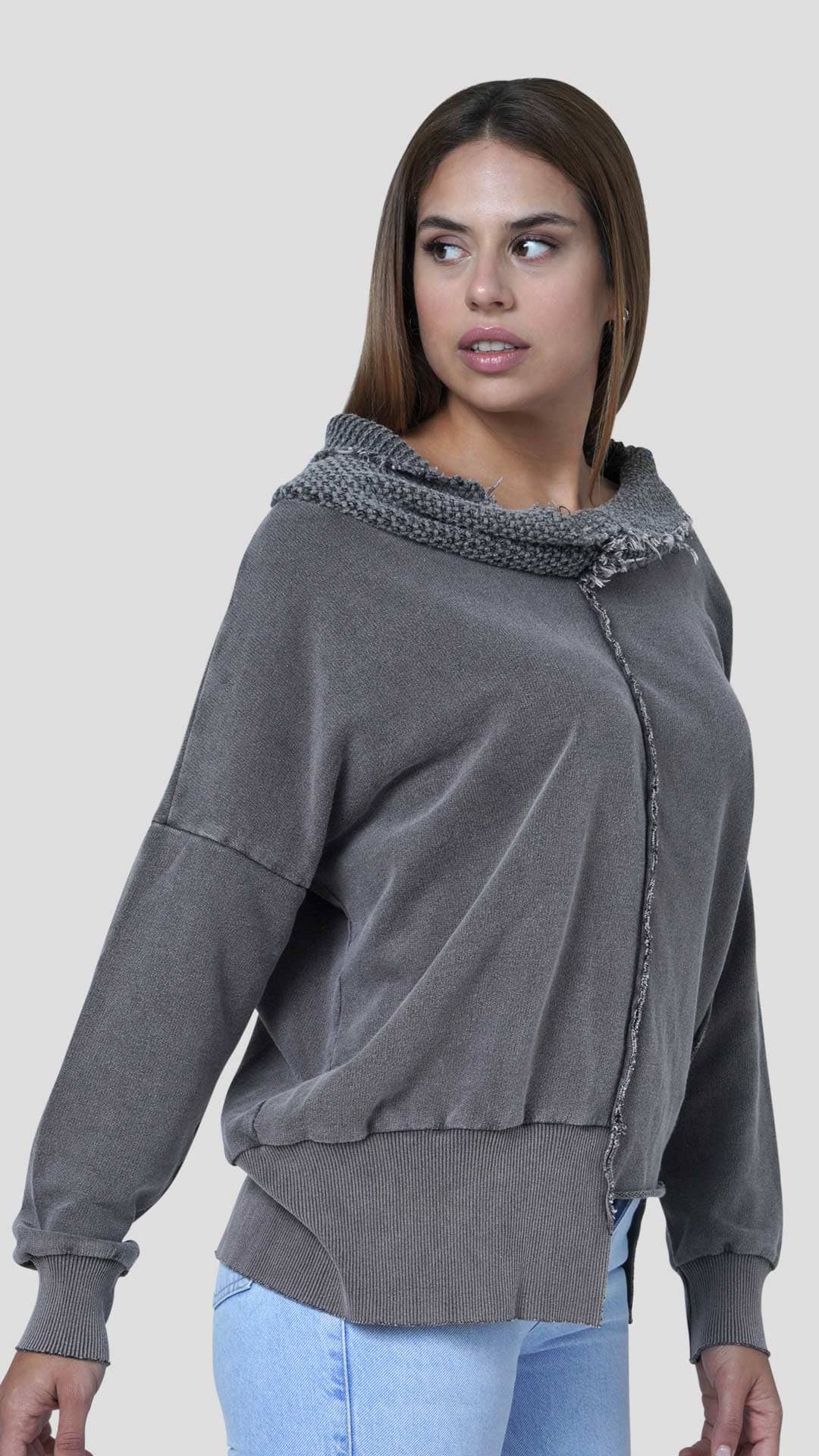 Knitted Neck Cotton Sweatshirt, Side View, in Dark Grey