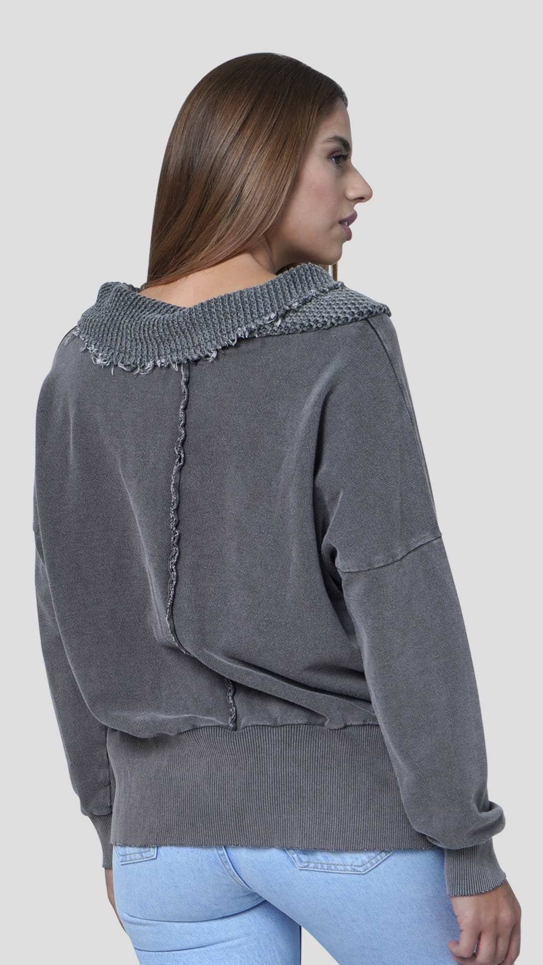 Knitted Neck Cotton Sweatshirt, Back View, in Dark Grey