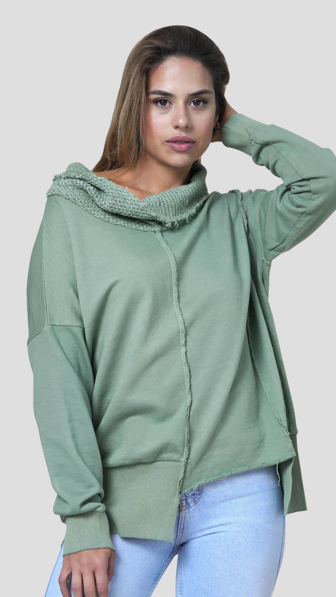 Knitted Neck Cotton Sweatshirt, Front View, in Green