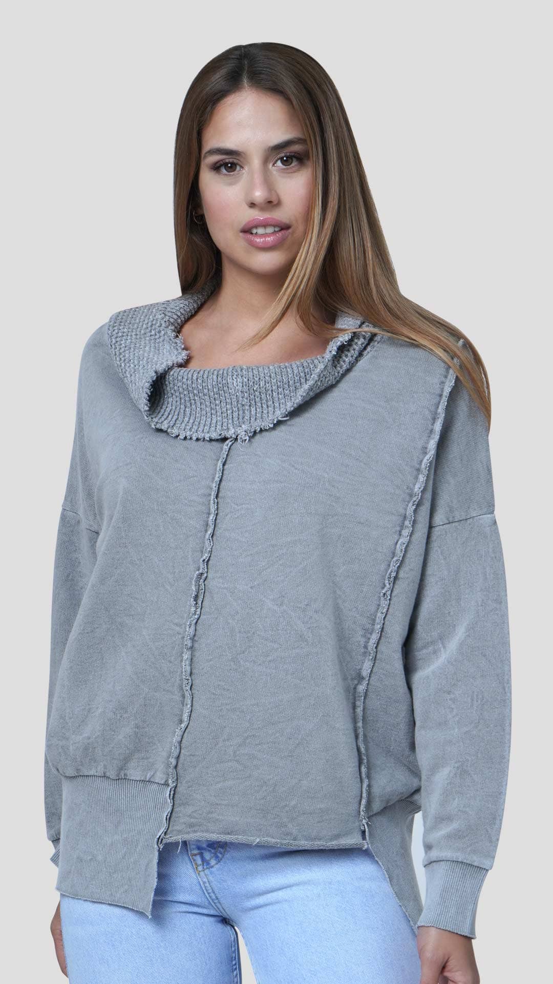 Knitted Neck Cotton Sweatshirt, Front View, in Light Grey
