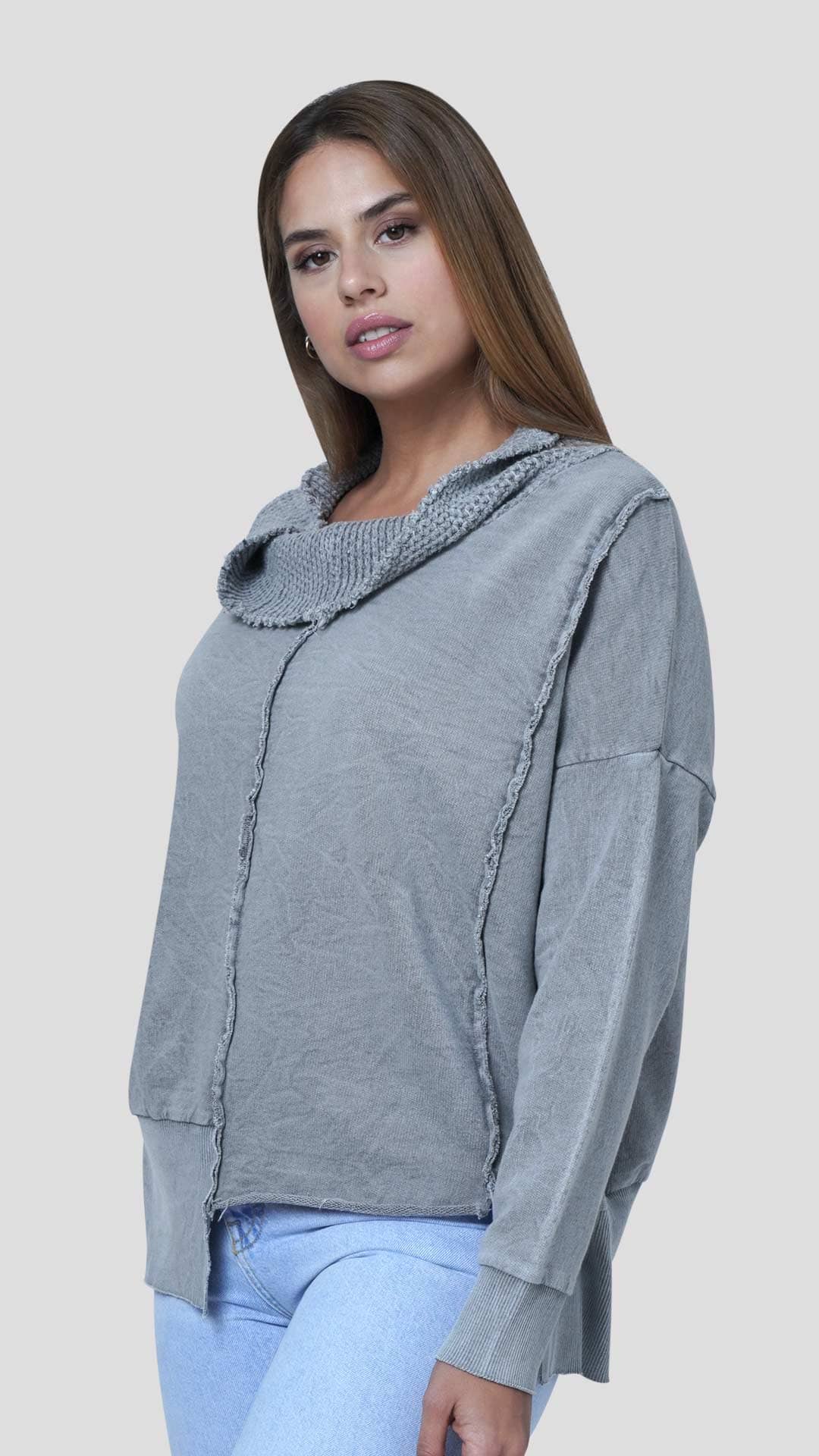 Knitted Neck Cotton Sweatshirt, Front View, in Light Grey