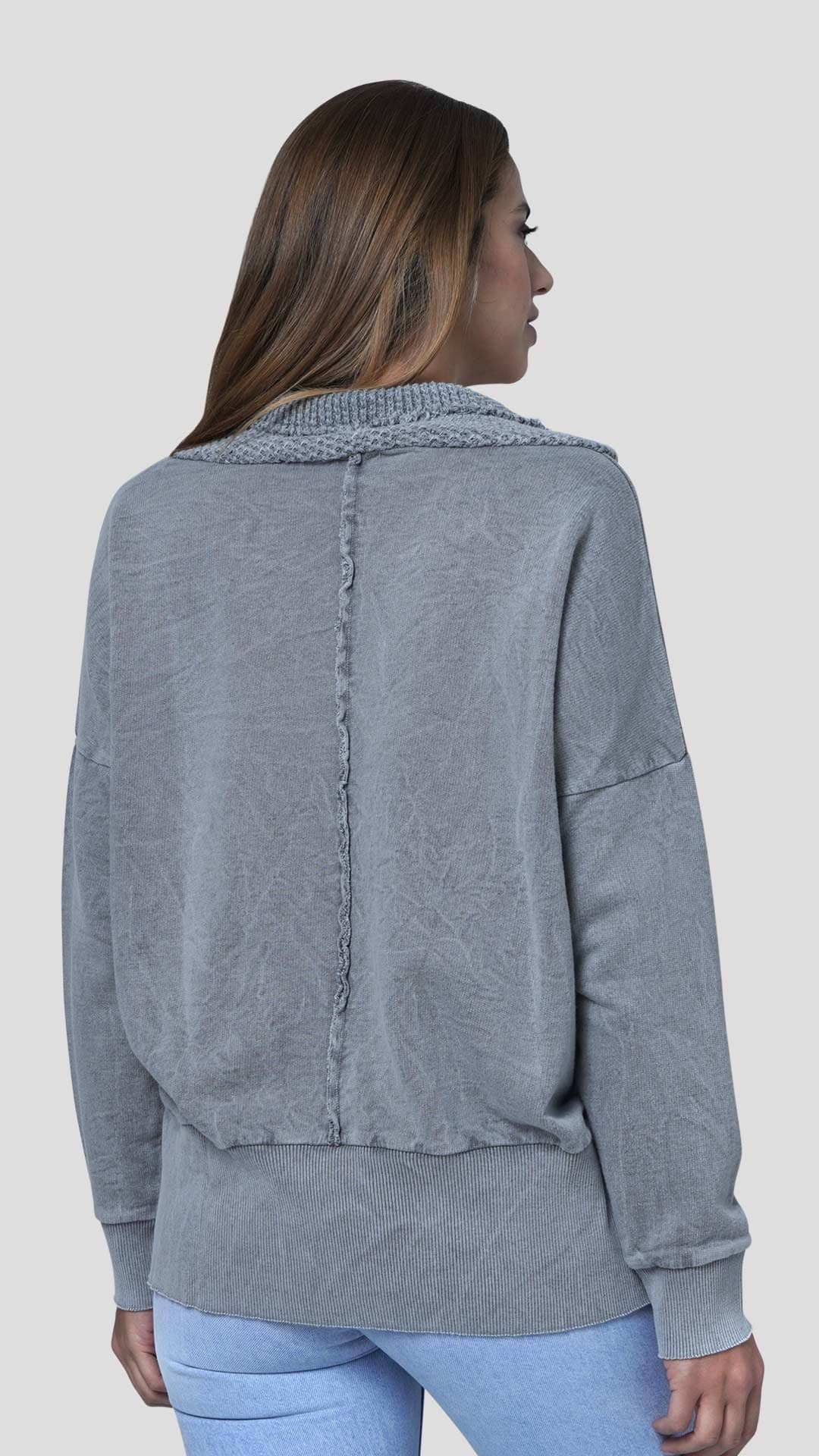 Knitted Neck Cotton Sweatshirt, Back View, in Light Grey