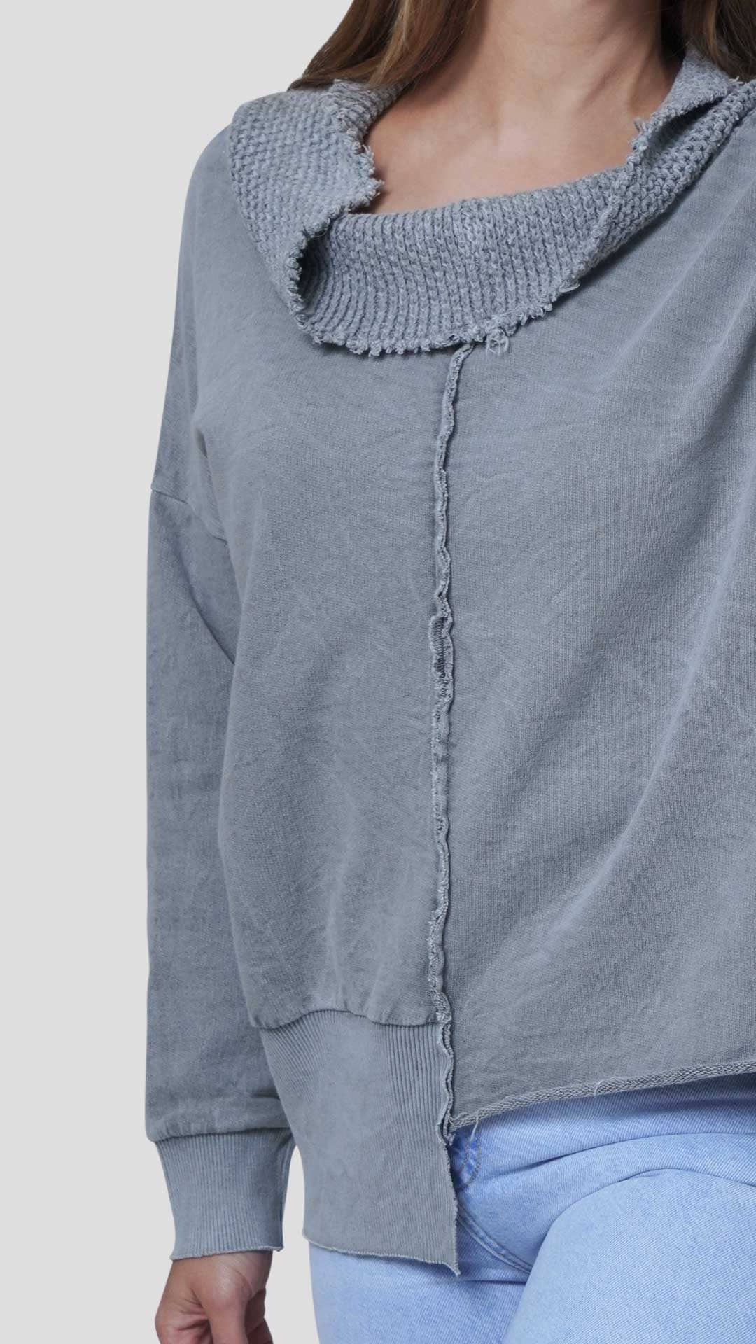 Knitted Neck Cotton Sweatshirt, Front View Close Up, in Light Grey