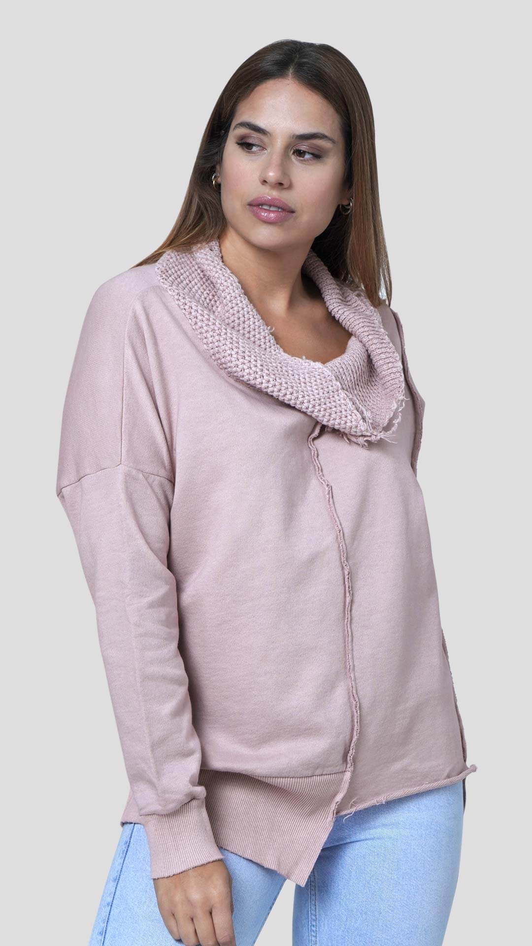 Knitted Neck Cotton Sweatshirt, Front View, in Pink