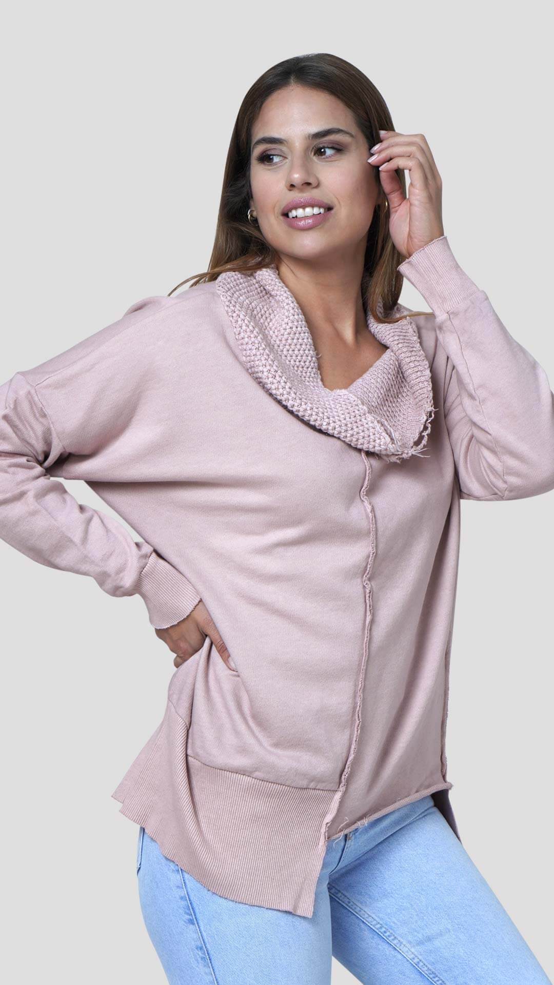 Knitted Neck Cotton Sweatshirt, Front View, in Pink