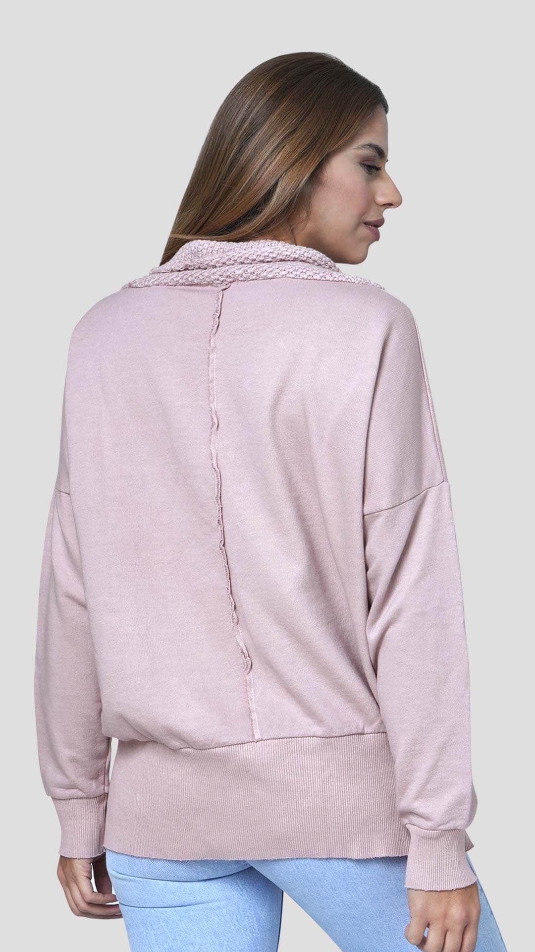 Knitted Neck Cotton Sweatshirt, Back View, in Pink