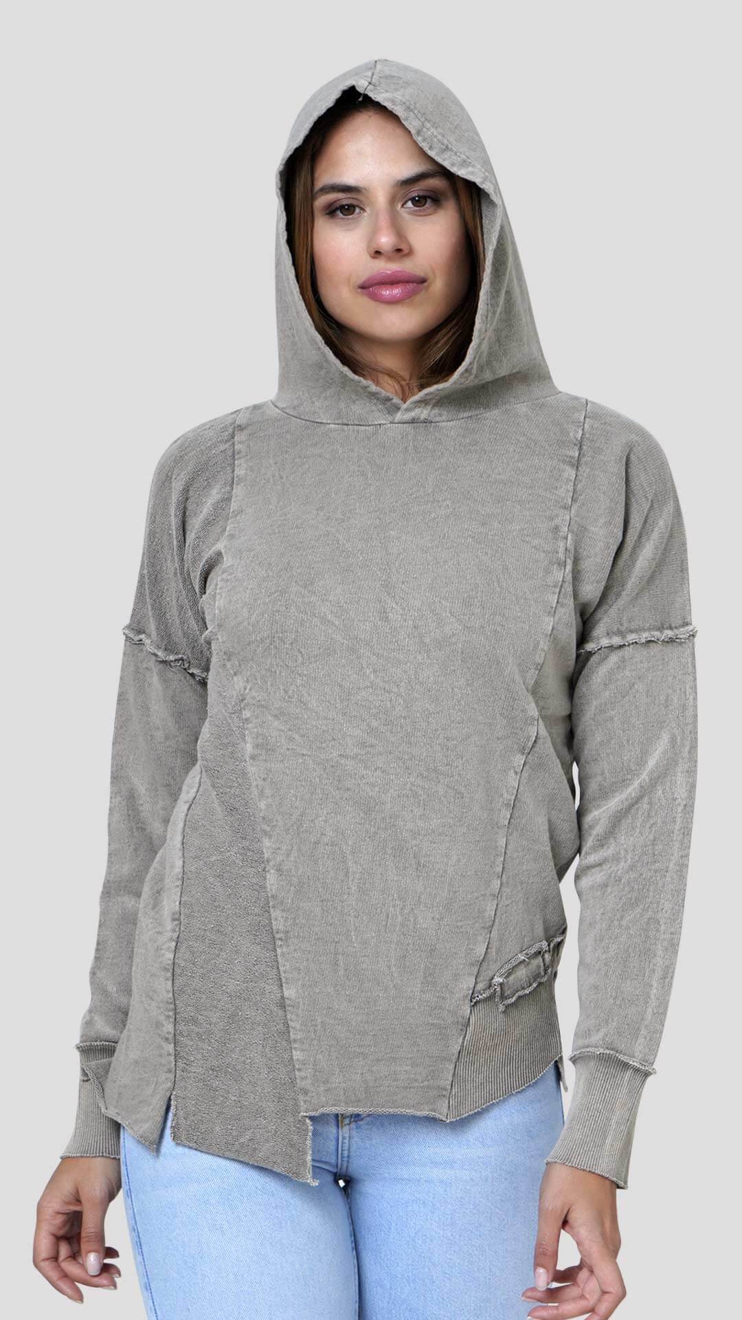 Asymmetrical Cotton Hoodie, Front View, in Light Brown