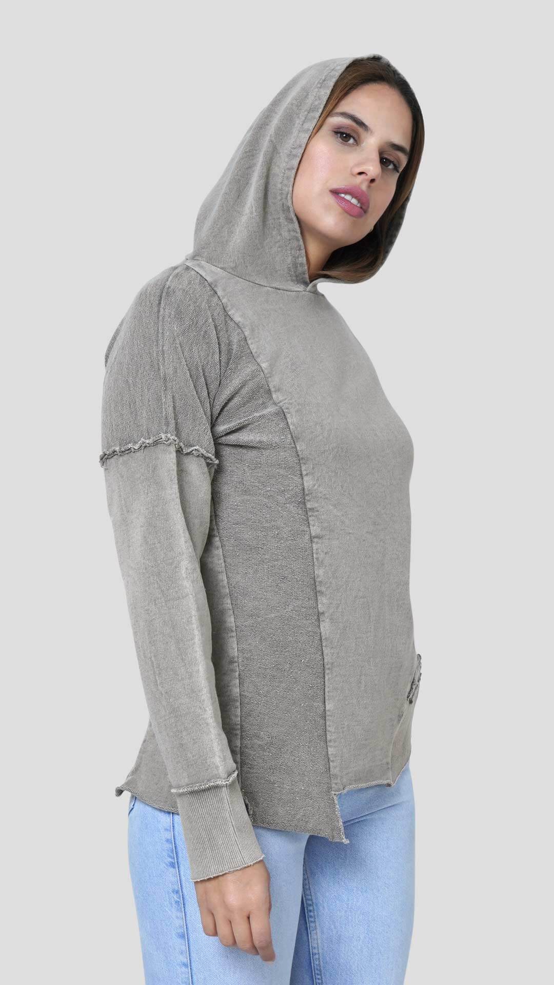 Asymmetrical Cotton Hoodie, Side View, in Light Brown