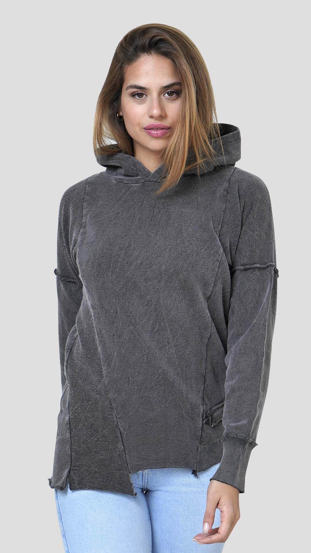 Asymmetrical Cotton Hoodie, Front View, in Dark Grey