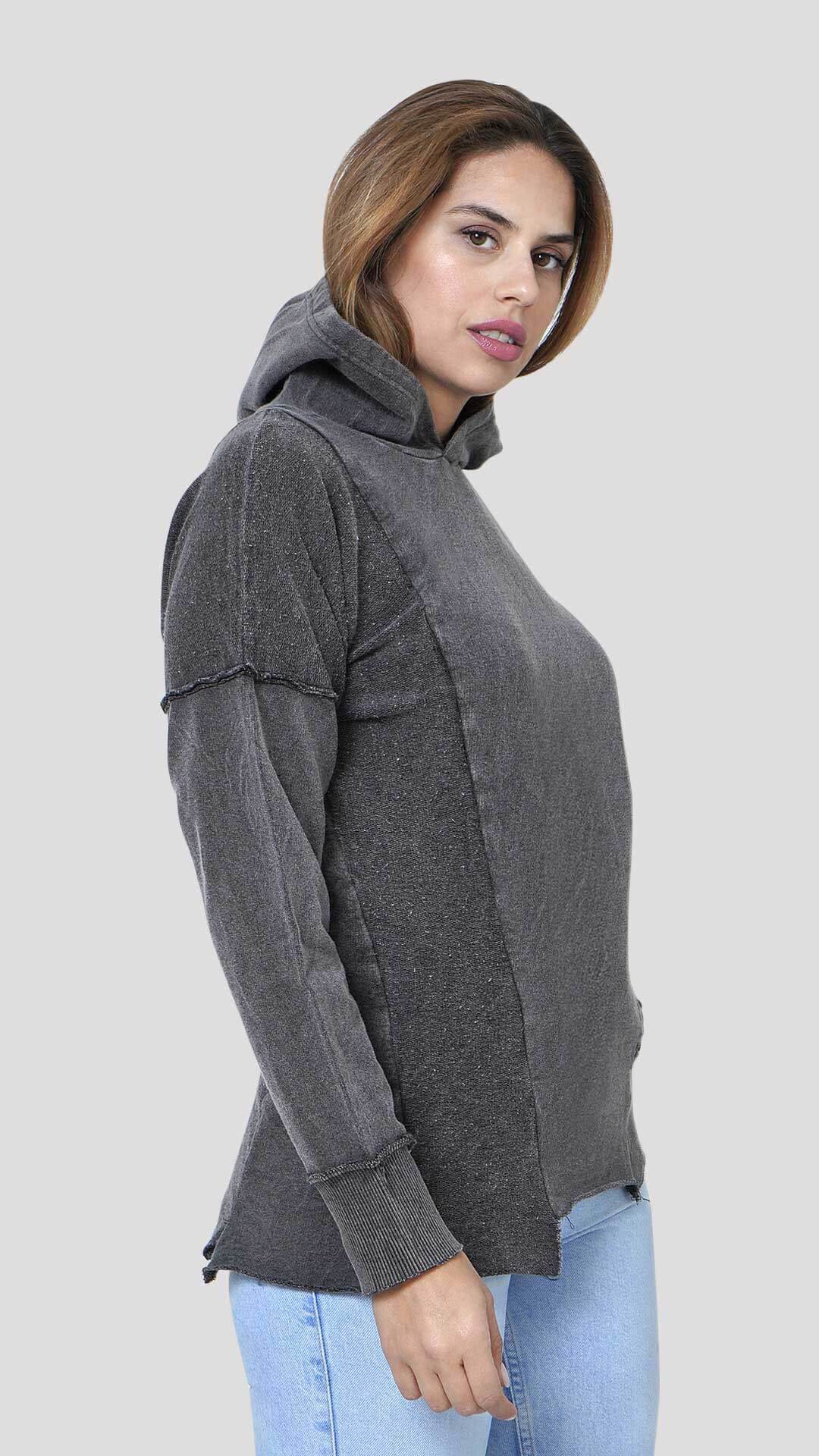 Asymmetrical Cotton Hoodie, Side View, in Dark Grey