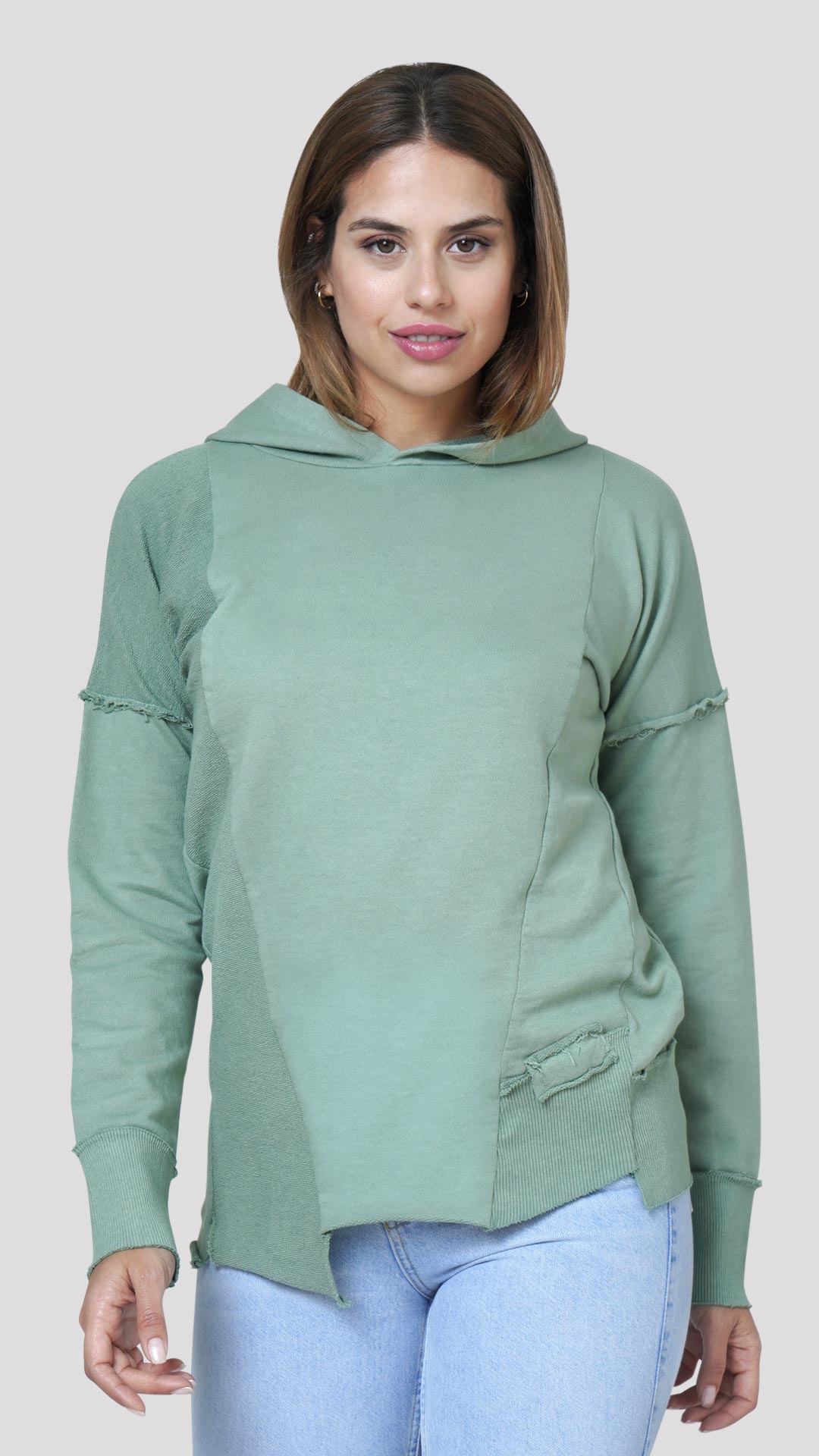Asymmetrical Cotton Hoodie, Front View, in Green