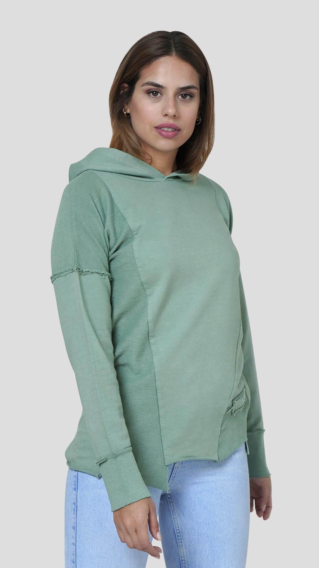 Asymmetrical Cotton Hoodie, Front View, in Green