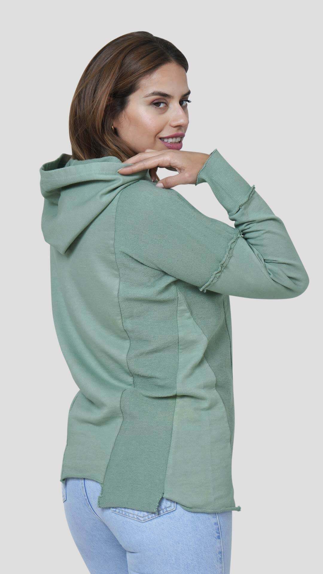 Asymmetrical Cotton Hoodie, Side View, in Green