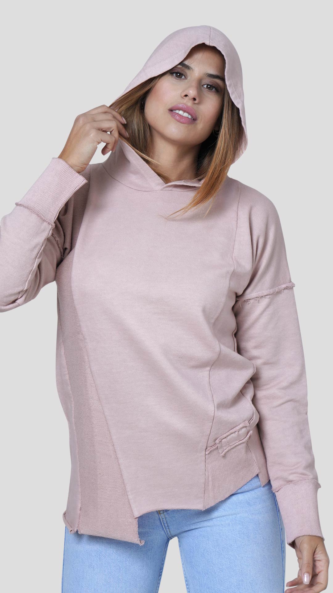 Asymmetrical Cotton Hoodie, Front View, in Pink